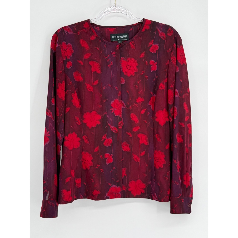 Kasper & Company ASL Women Burgundy Red Floral Button Front Blouse Sz 14